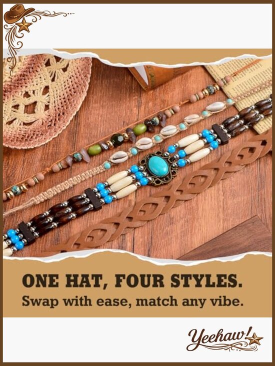 Straw Cowgirl Hat Foldable Western Sun Hat with Interchangeable Bands main image 5